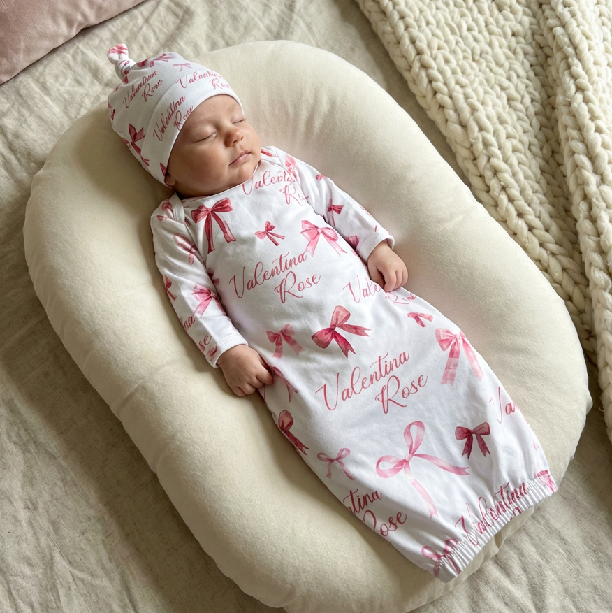 White Coquette Bow Personalized Newborn Sleep Gown