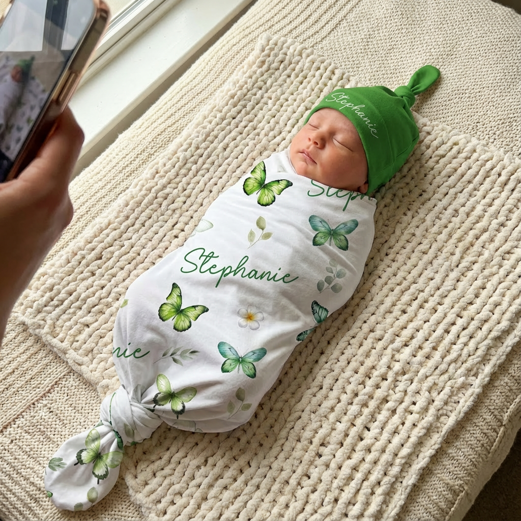 Personalized Swaddle in Green Butterfly