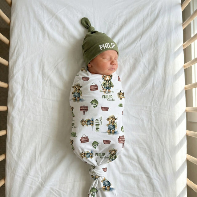 Personalized Swaddle in Bear Fishing