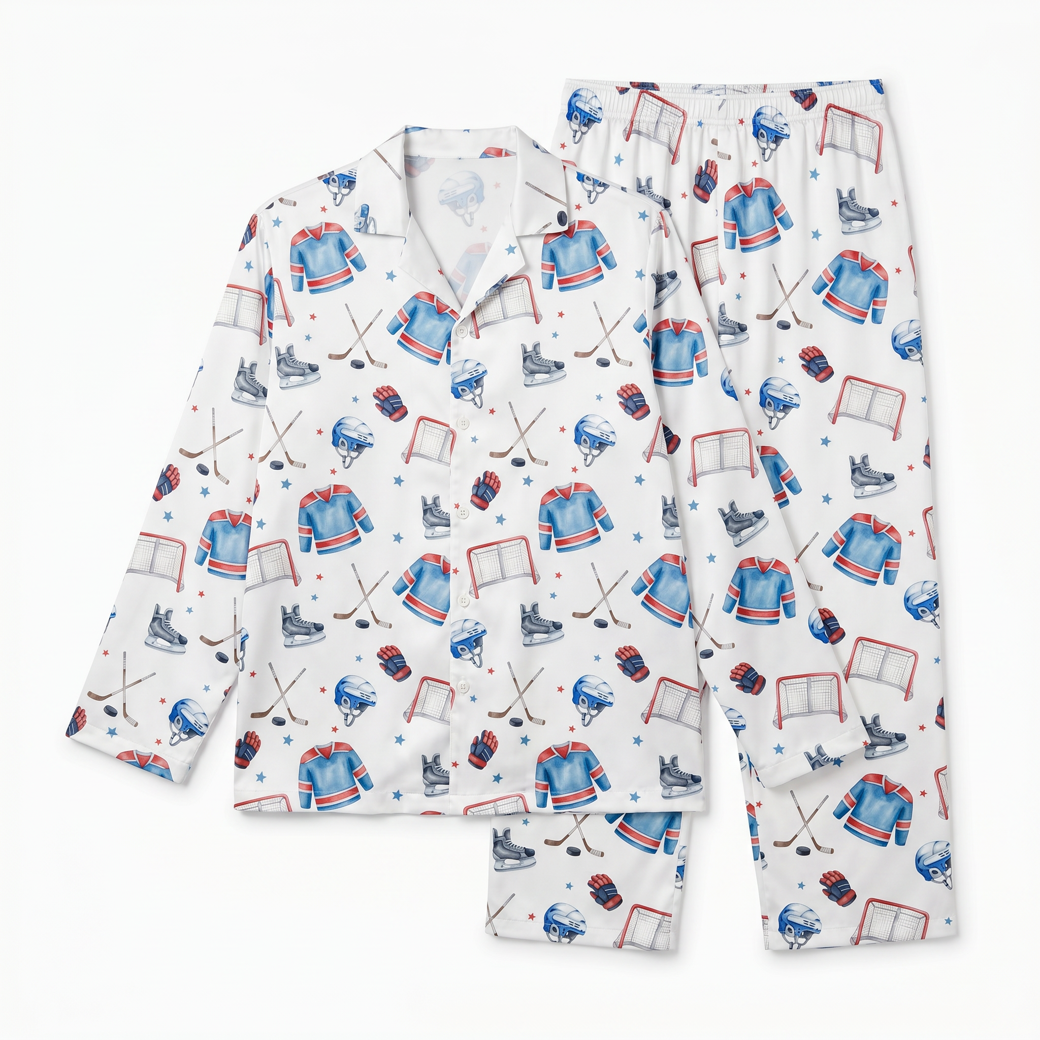 Long-sleeved Men's Pajama Set in Ice Hockey