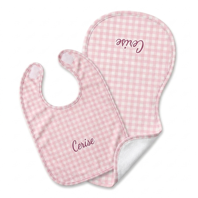 Personalized Bib and Burp Cloths in Cherry Blossom Gingham