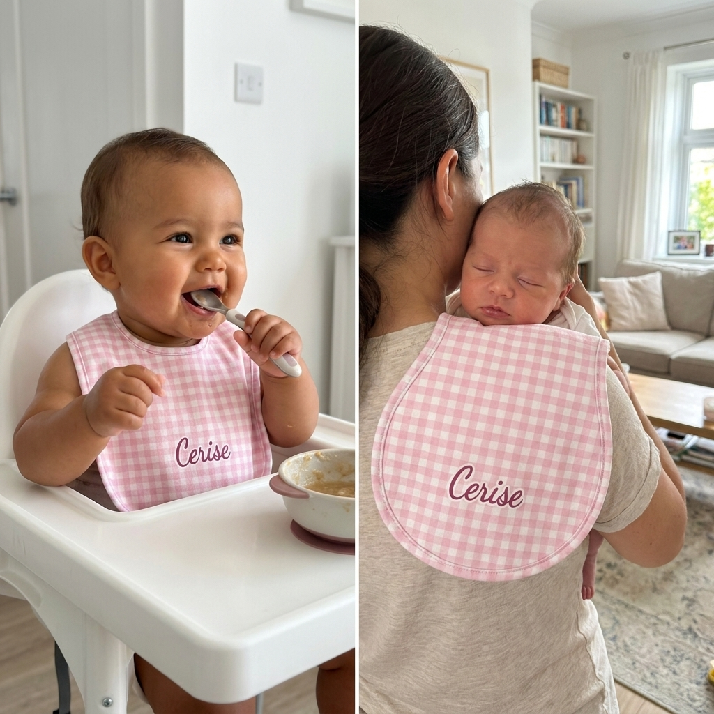 Personalized Bib and Burp Cloths in Cherry Blossom Gingham