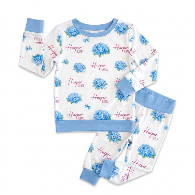 Personalized Baby Pajama Set in Blue Hydrangea
