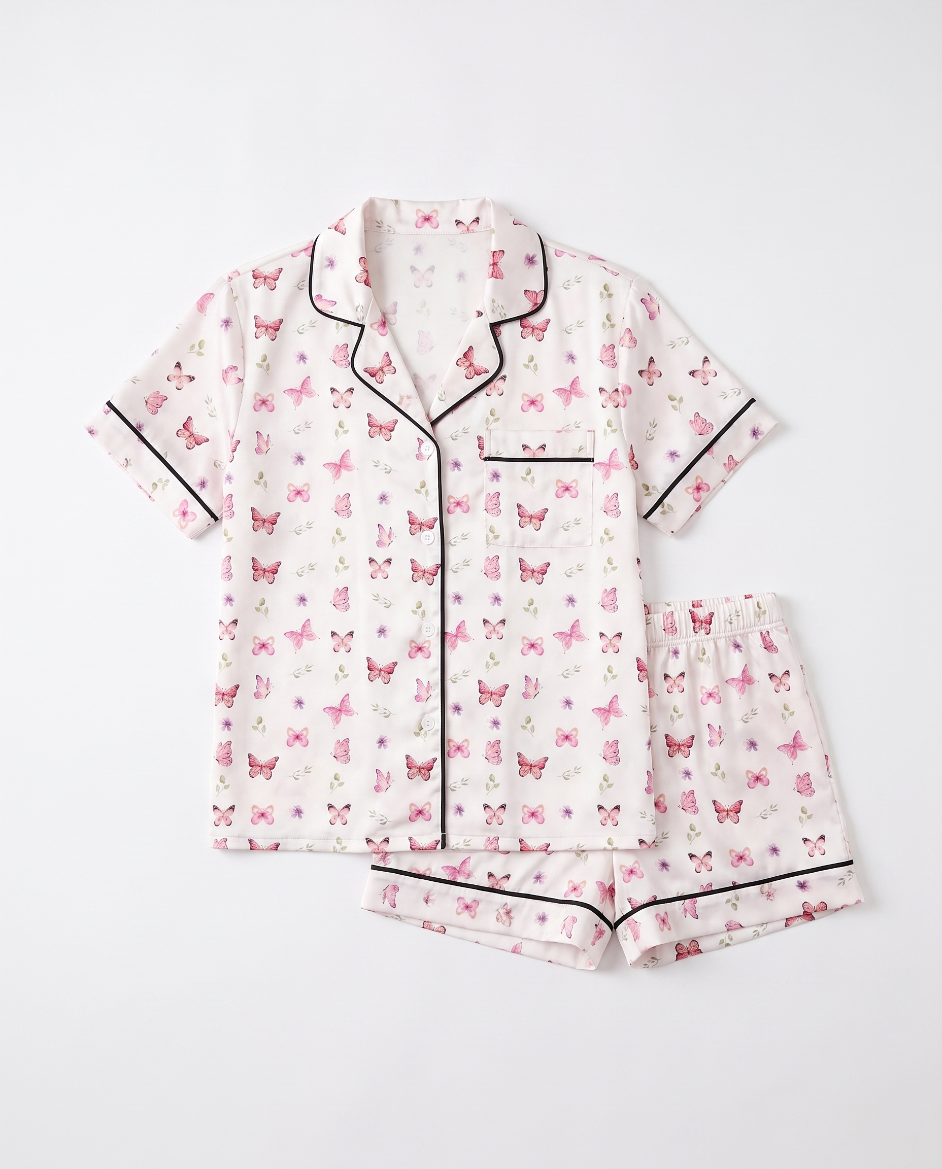 Short-Sleeved Women's Pajama Set in Pink Butterfly