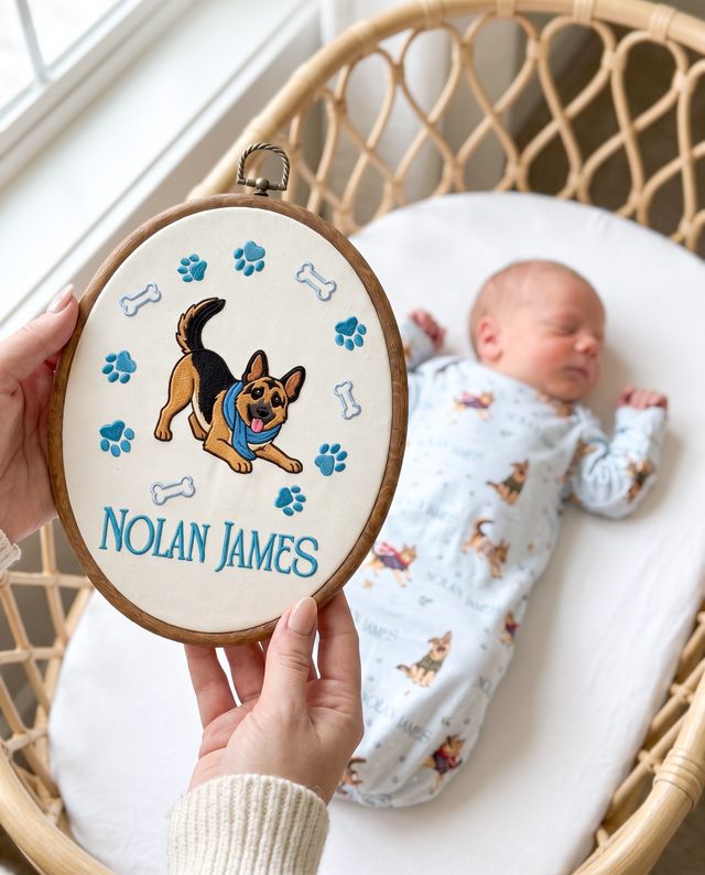 Hand holding an embroidered Winter Wag sign next to a baby in a basket