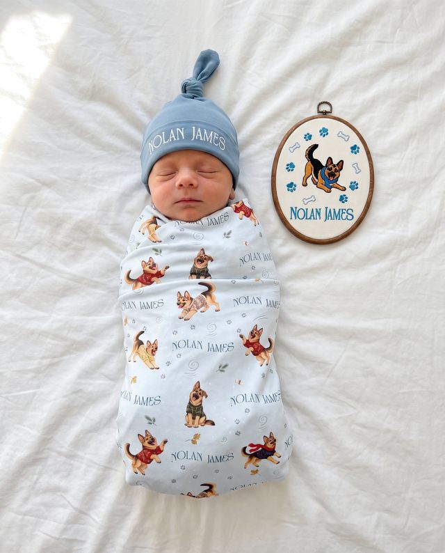Swaddled baby next to an embroidered Winter Wag sign