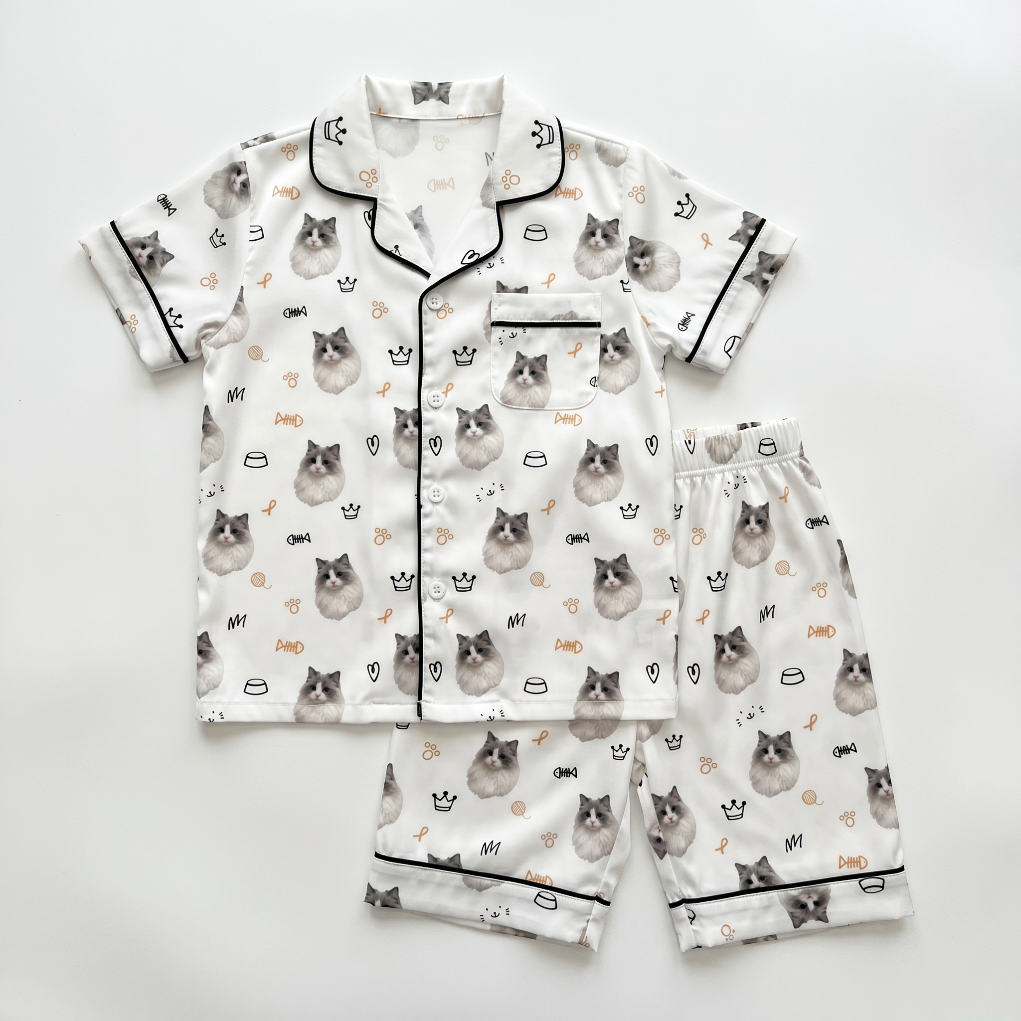 Short-sleeved Kid's Pajama Set in Kitty Portrait