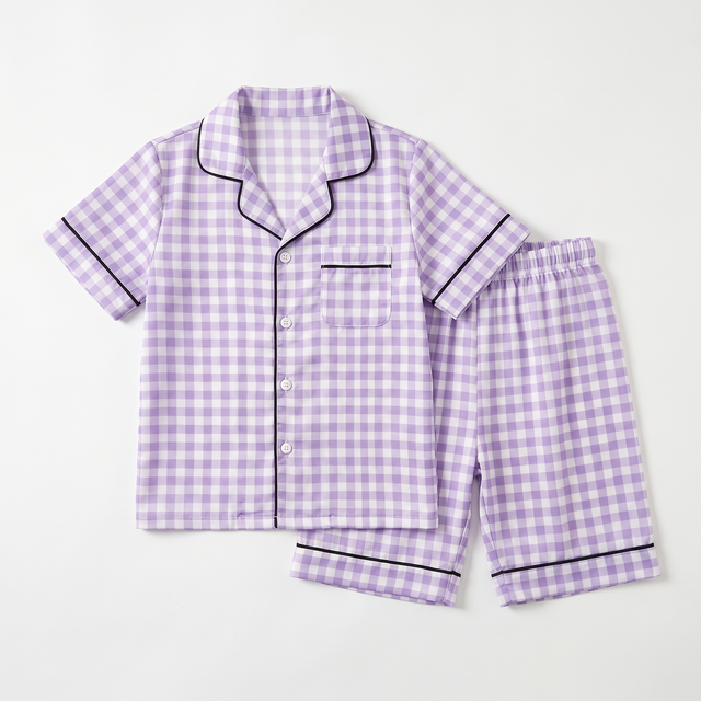 Short-sleeved Kid's Pajama Set in Lilac Gingham