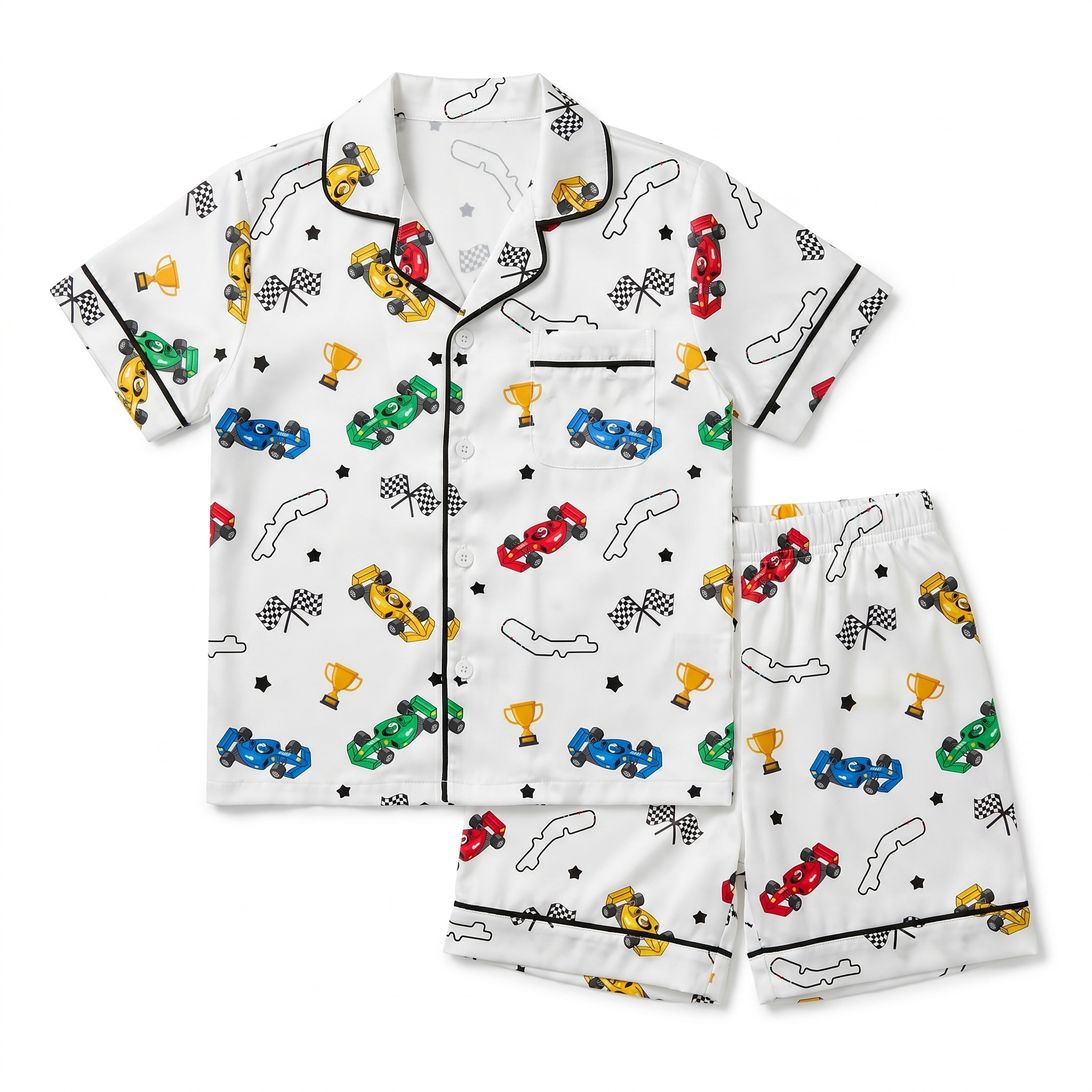 Short-sleeved Kid's Pajama Set in Pit Crew