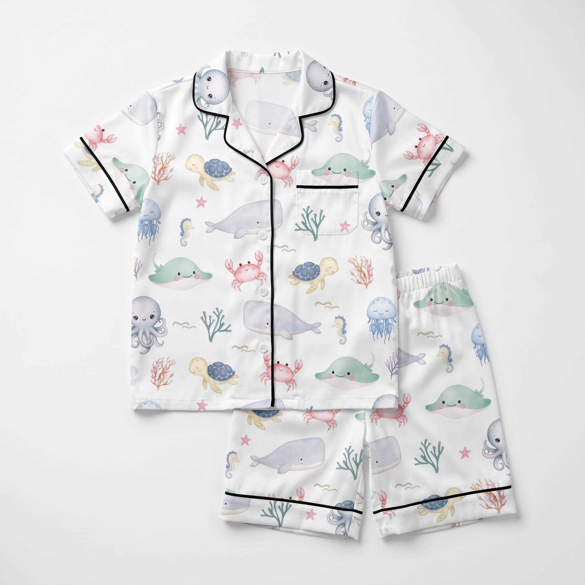 Short-sleeved Kid's Pajama Set in Sea Animals