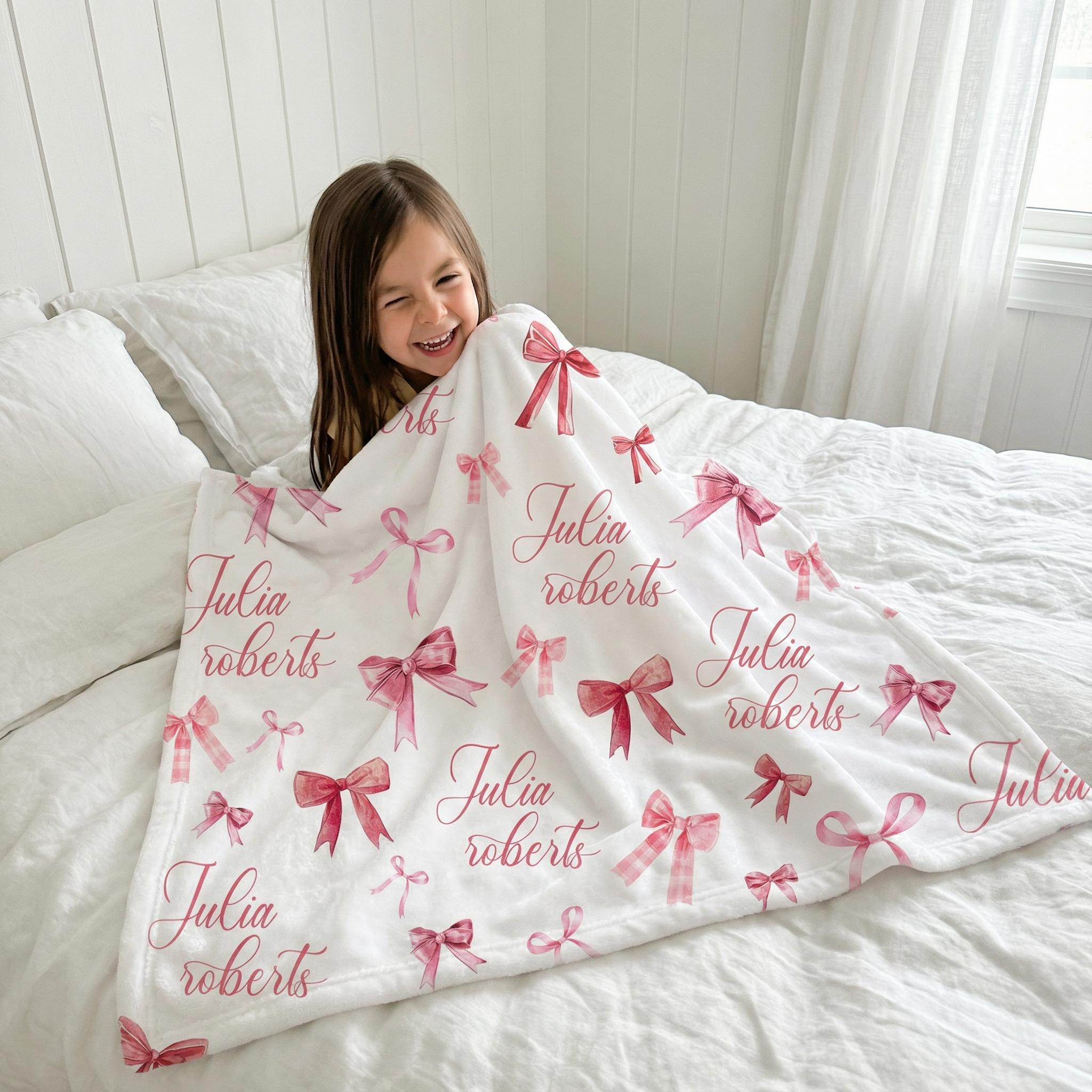 Personalized Blanket in White Coquette Bow