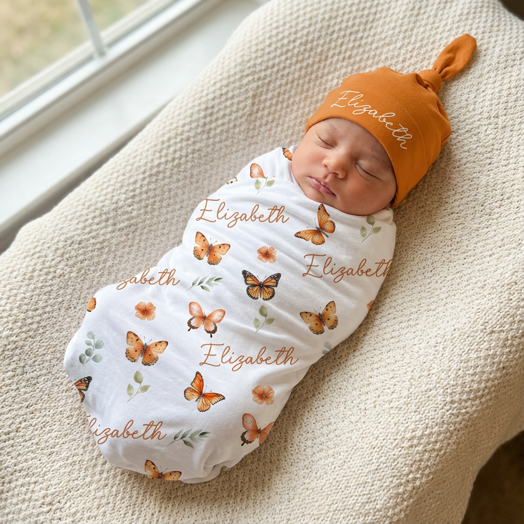 Personalized Swaddle in Orange Butterfly