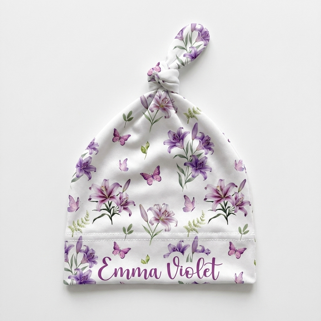 Personalized Knotted Hat in Purple Lilys