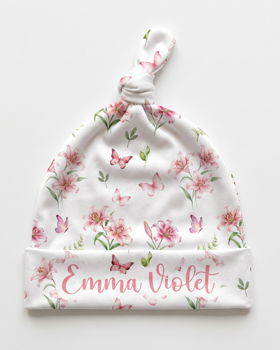 Personalized Knotted Hat in Pink Lilys