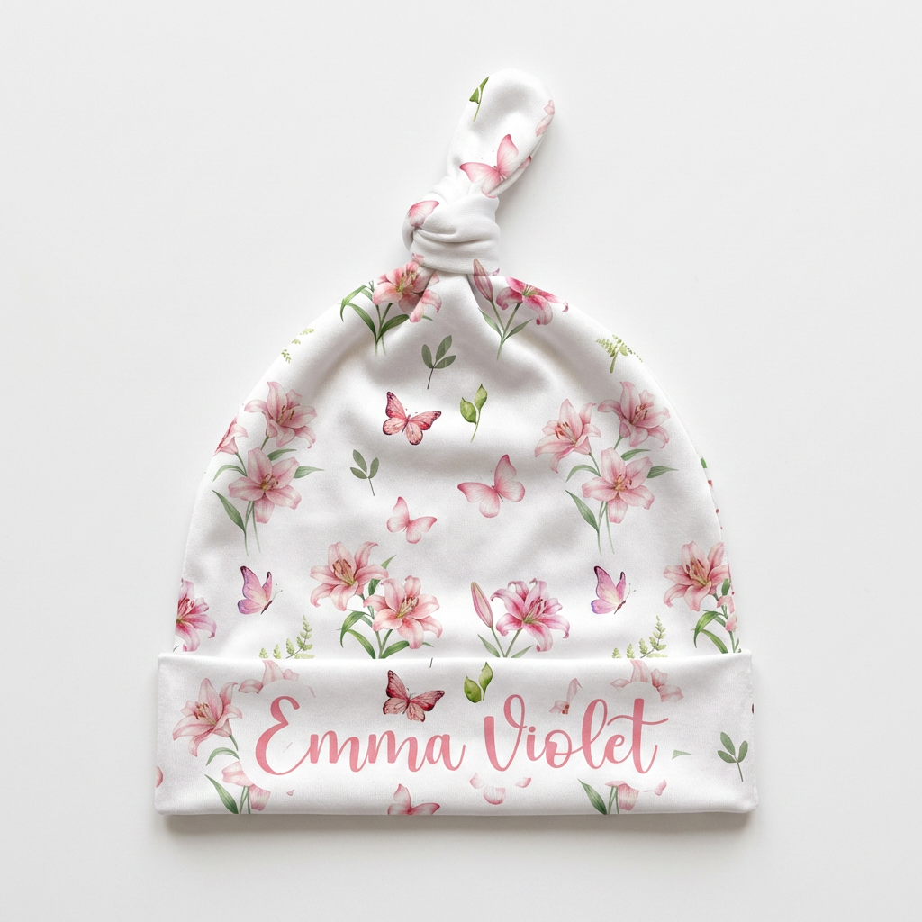 Personalized Knotted Hat in Pink Lilys