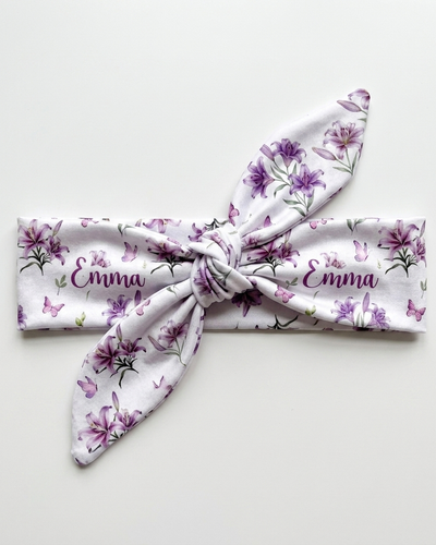 Personalized Knotted Headband in Purple Lilys