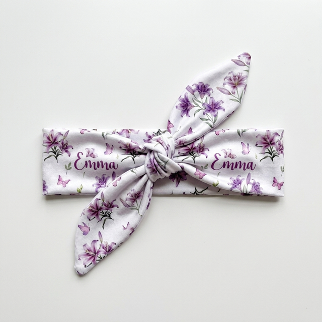 Personalized Knotted Headband in Purple Lilys