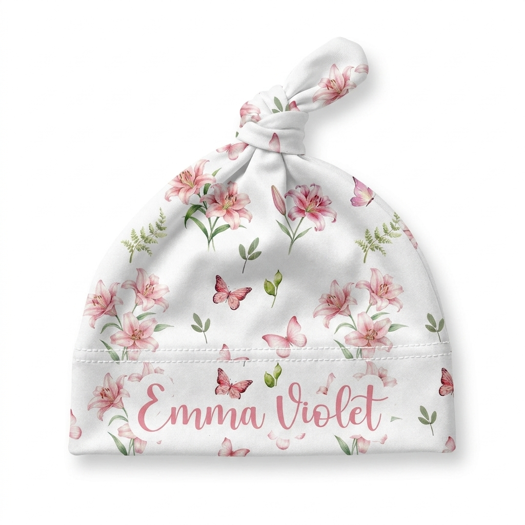 Personalized Knotted Hat in Pink Lilys