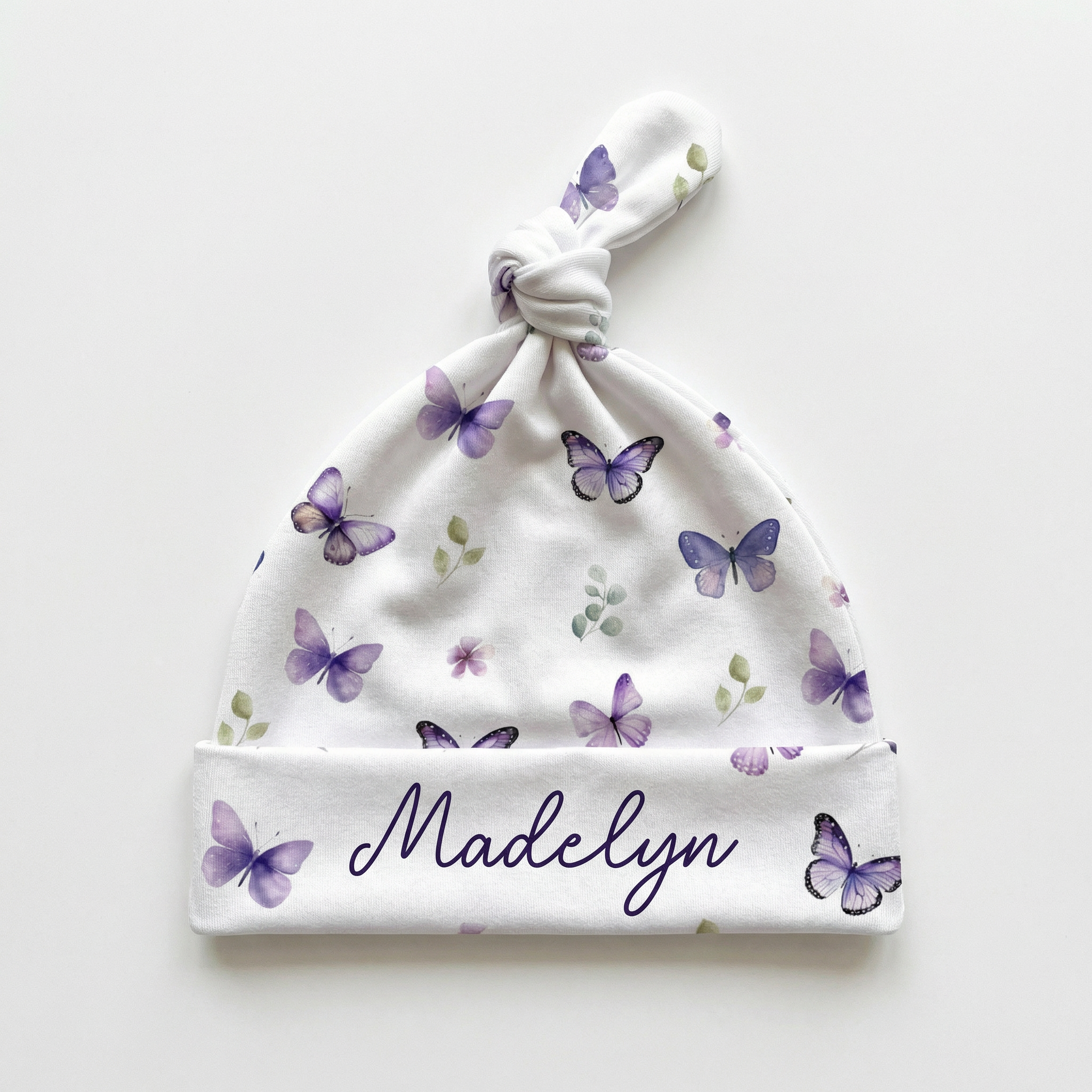 Personalized Knotted Hat in Purple Butterfly