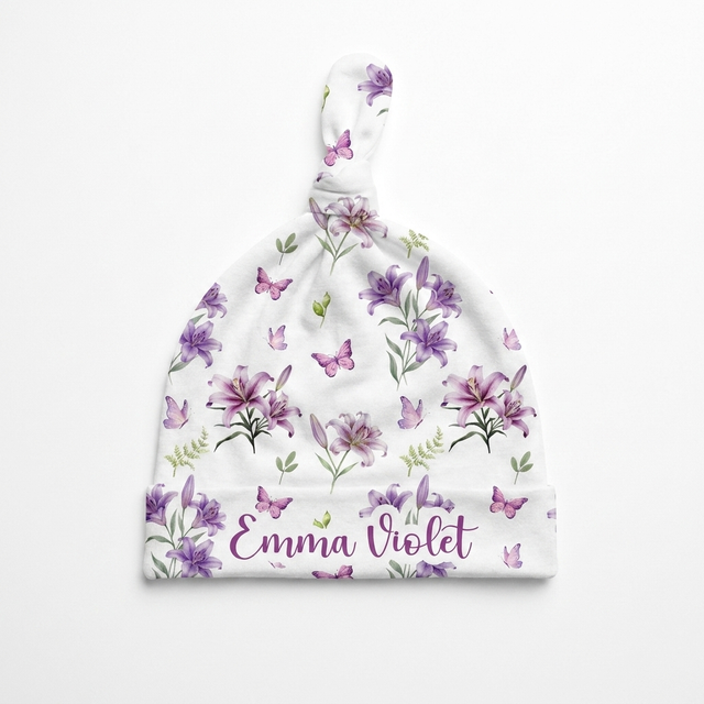 Personalized Knotted Hat in Purple Lilys