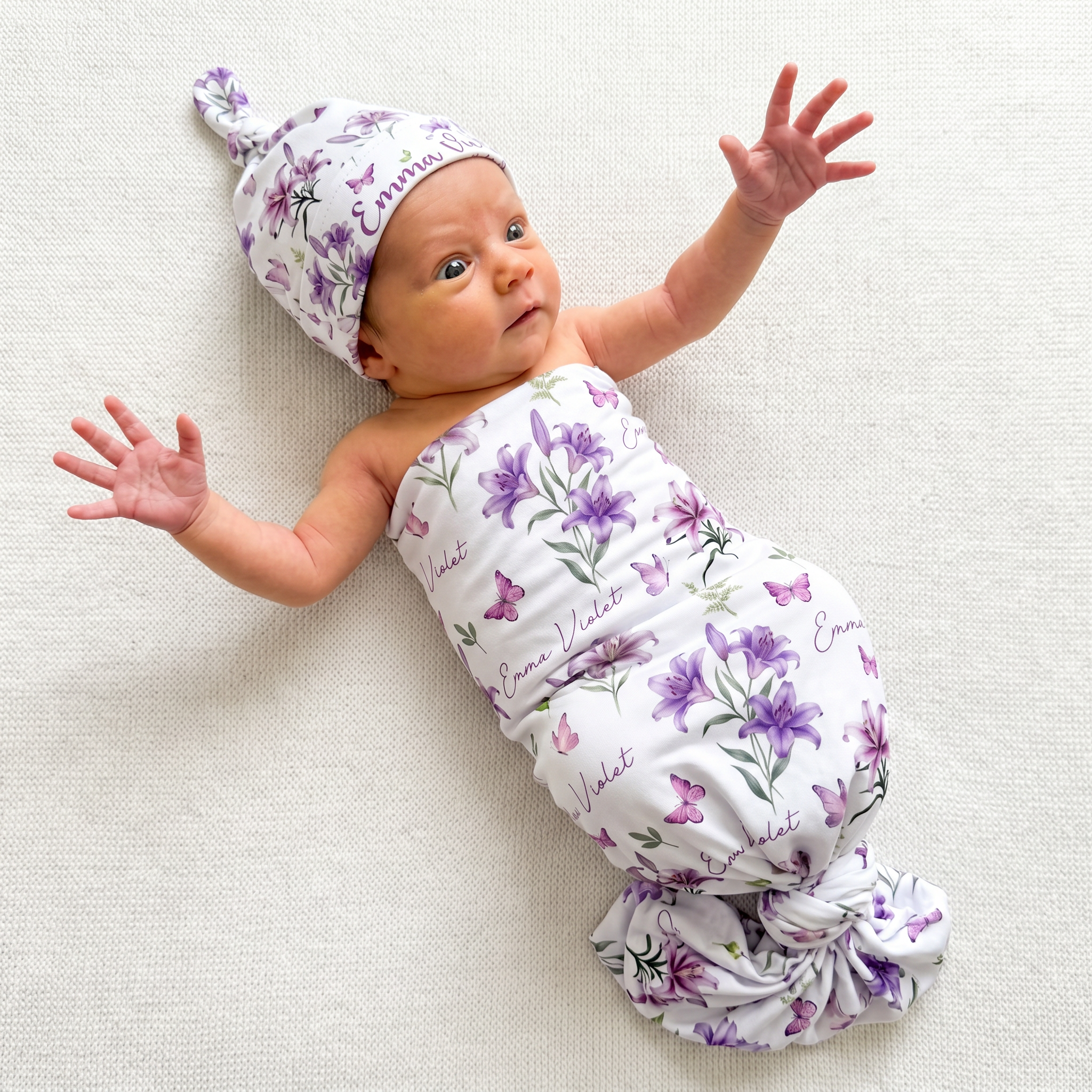 Personalized Knotted Hat in Purple Lilys