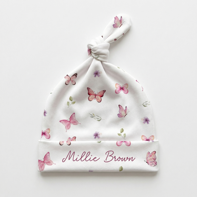 Personalized Knotted Hat in Pink Butterfly