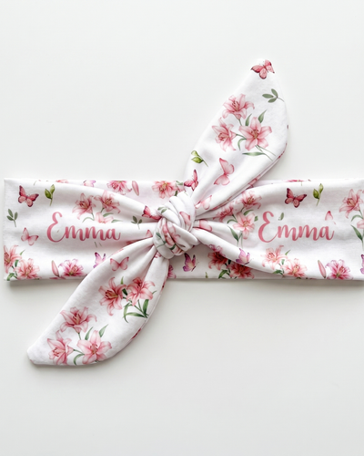 Personalized Knotted Headband in Pink Lilys