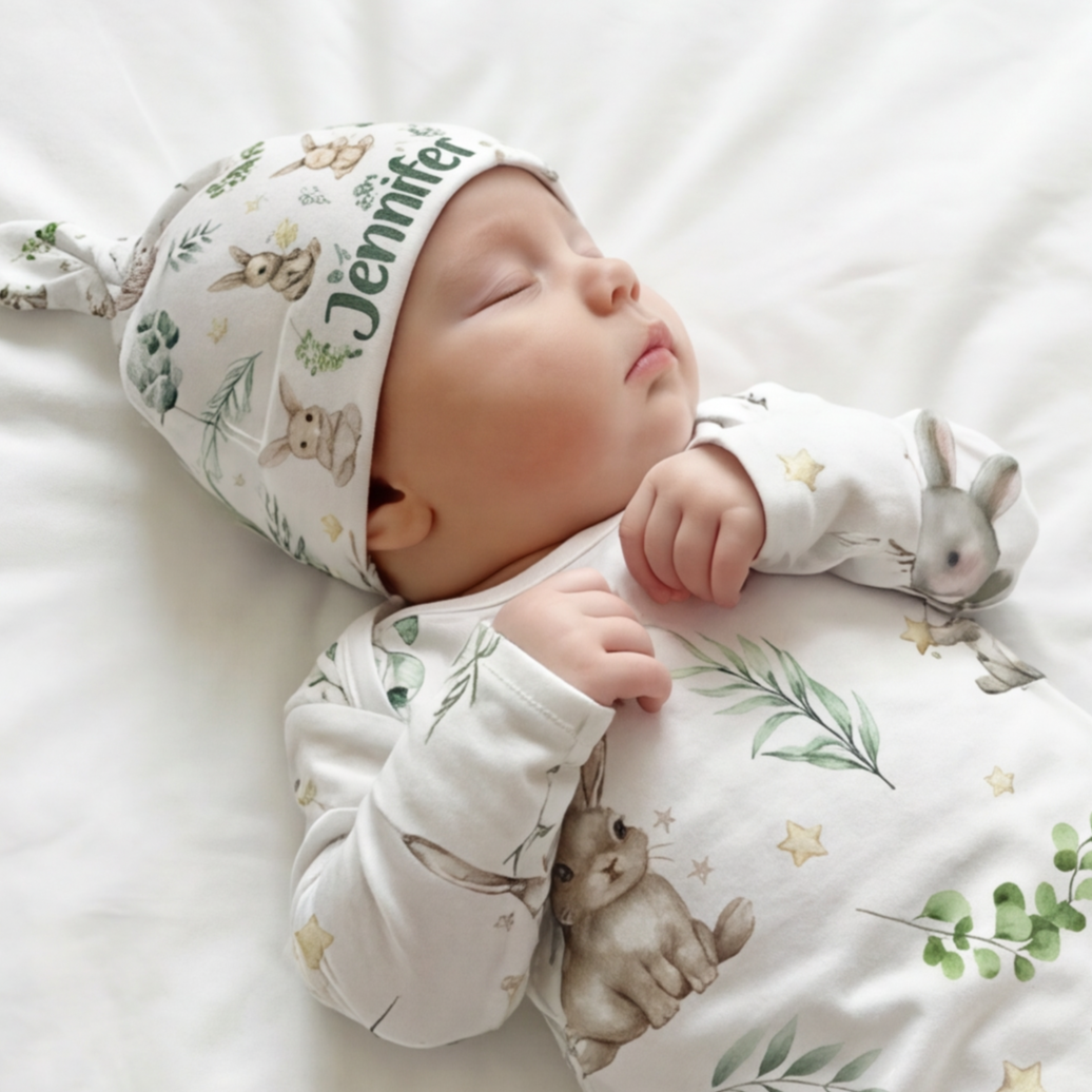 Personalized Knotted Hat in Bunny Garden