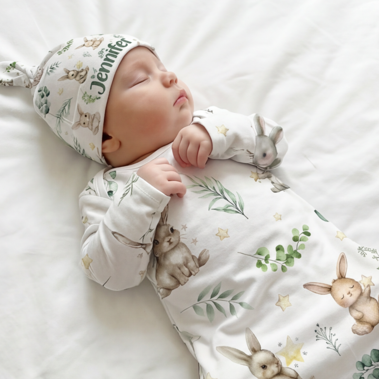 Personalized Knotted Hat in Bunny Garden