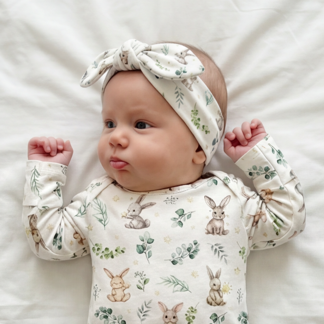 Personalized Knotted Headband in Bunny Garden