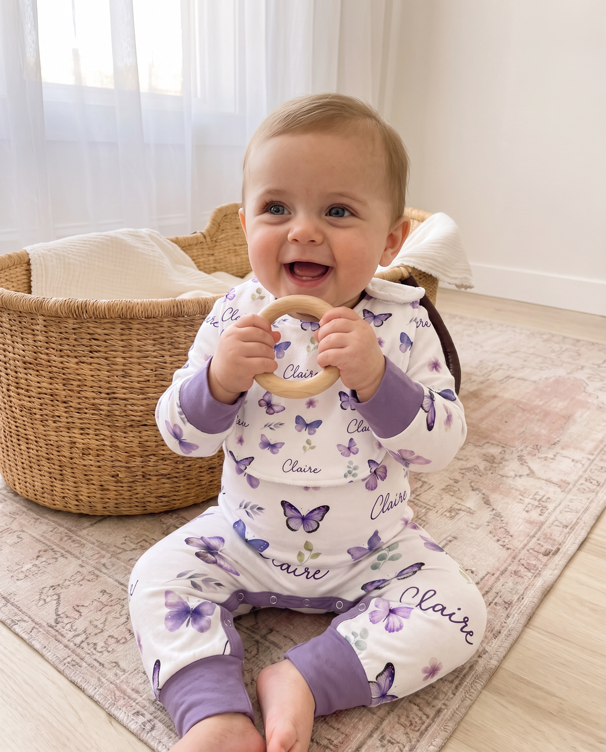 Personalized Bib and Burp Cloth Set in Purple Butterfly