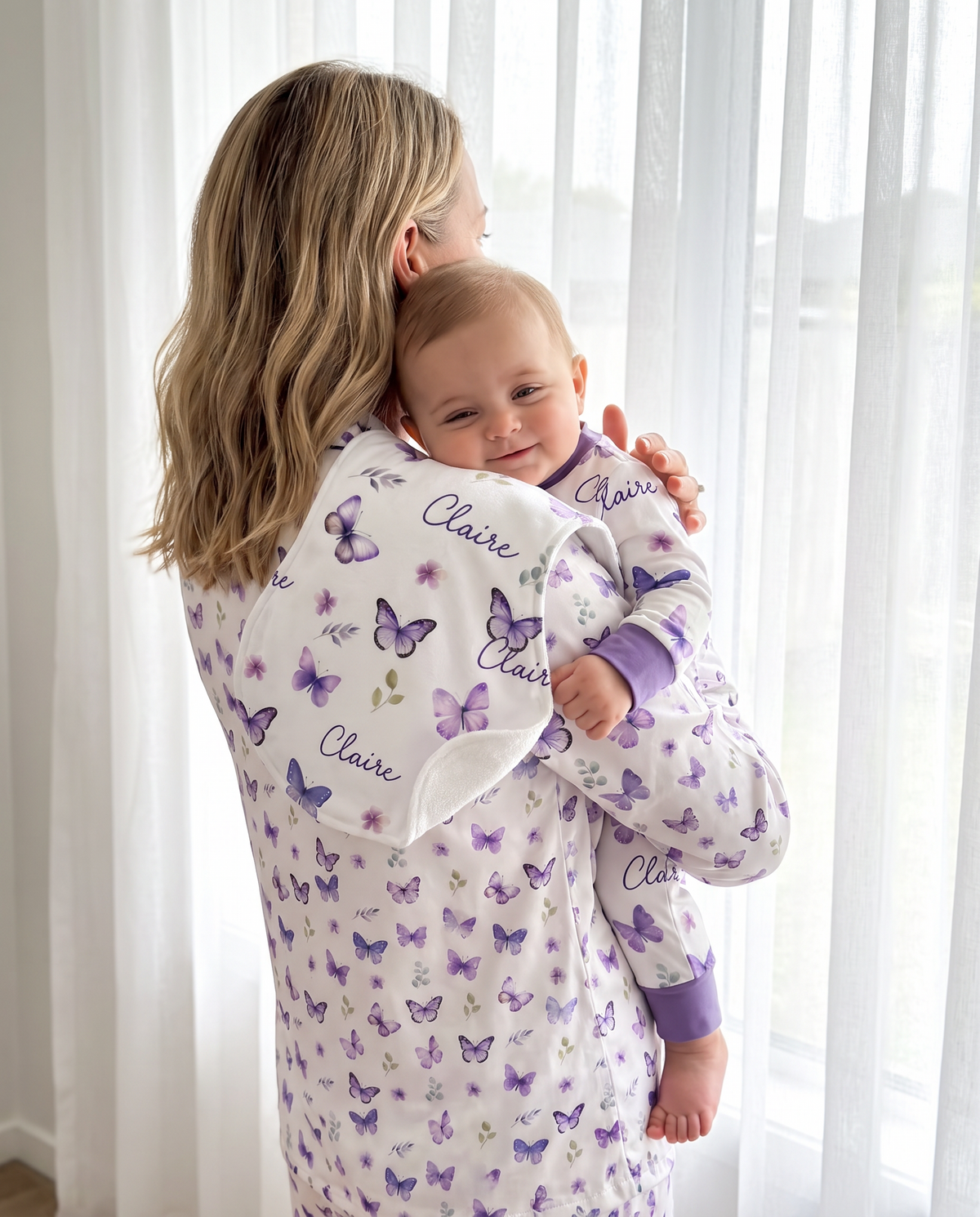 Personalized Bib and Burp Cloth Set in Purple Butterfly