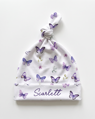 Personalized Knotted Hat in Purple Butterfly