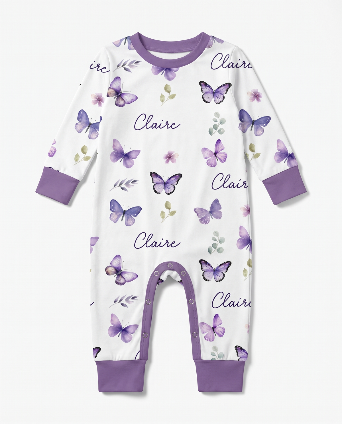 Personalized Long-sleeved Snap Romper in Purple Butterfly