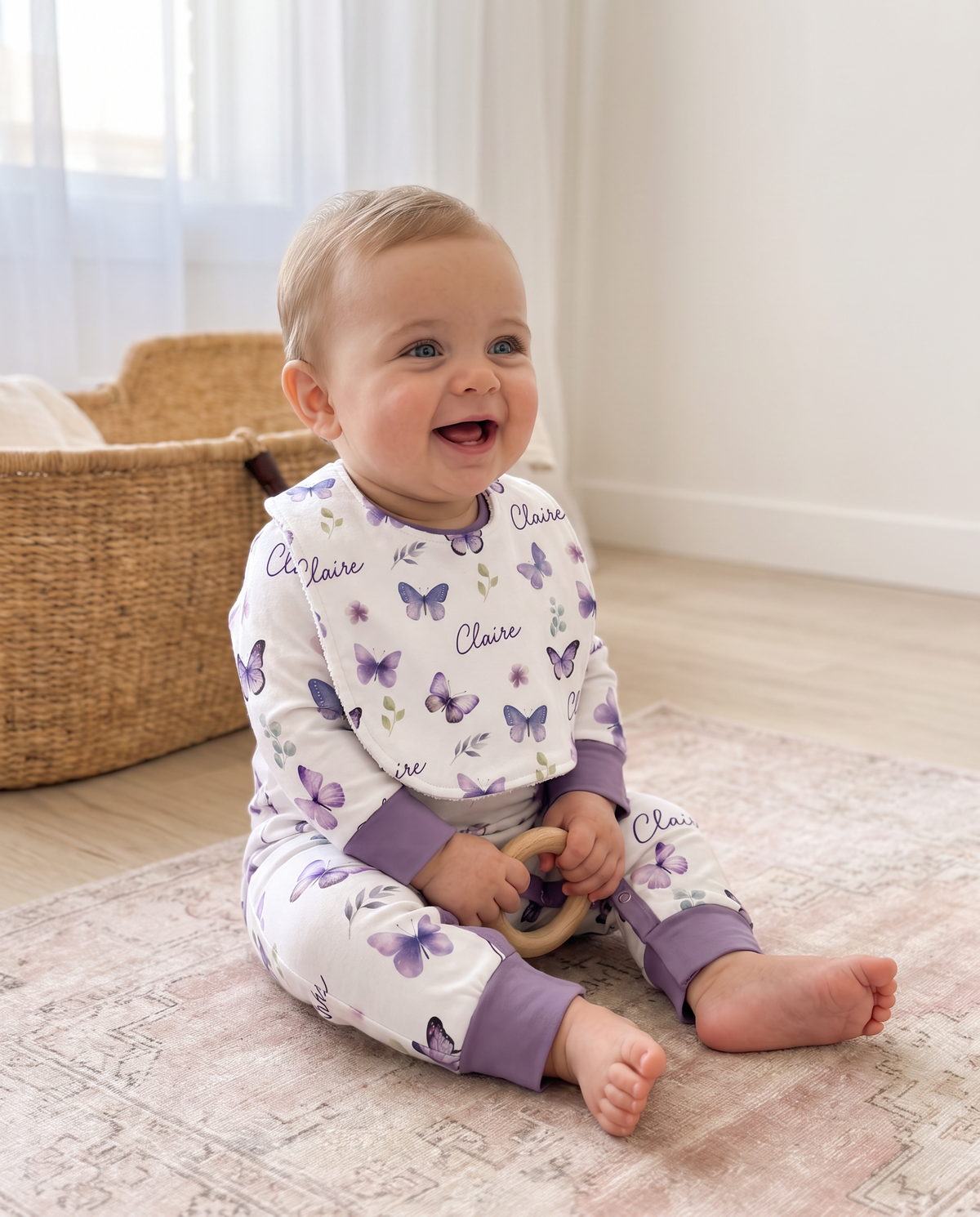 Personalized Long-sleeved Snap Romper in Purple Butterfly
