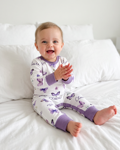 Personalized Long-sleeved Snap Romper in Purple Butterfly