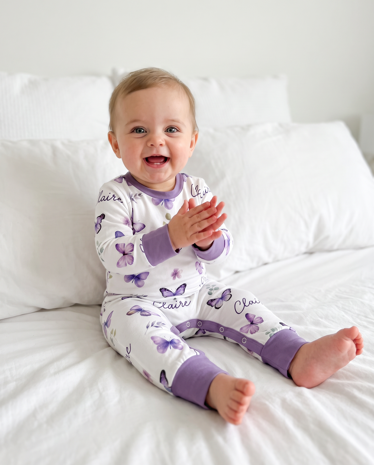 Personalized Long-sleeved Snap Romper in Purple Butterfly