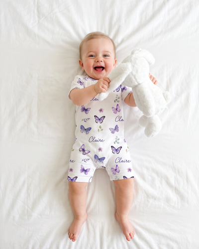 Personalized Snap Romper in Purple Butterfly