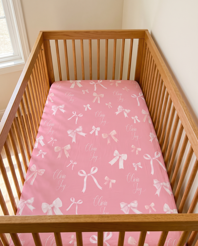 Personalized Crib Sheet in Pink Coquette Bow