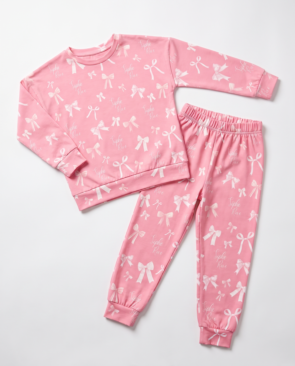 Personalized Two Piece Pajama Set in Pink Coquette Bow