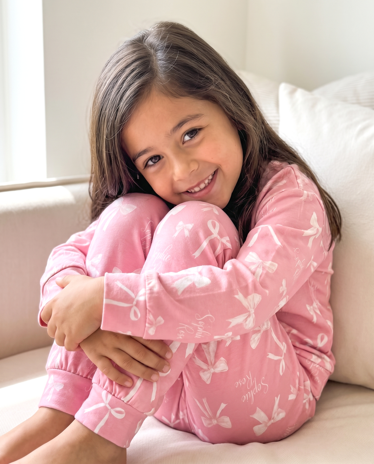 Personalized Two Piece Pajama Set in Pink Coquette Bow
