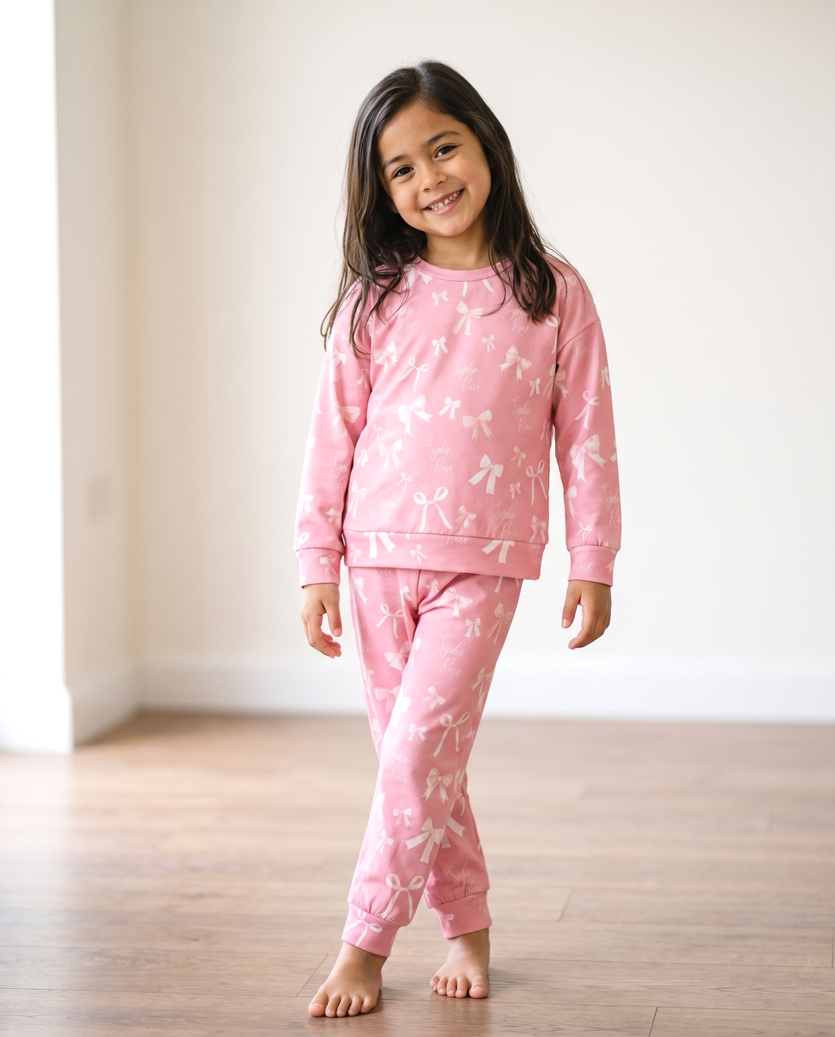 Personalized Two Piece Pajama Set in Pink Coquette Bow
