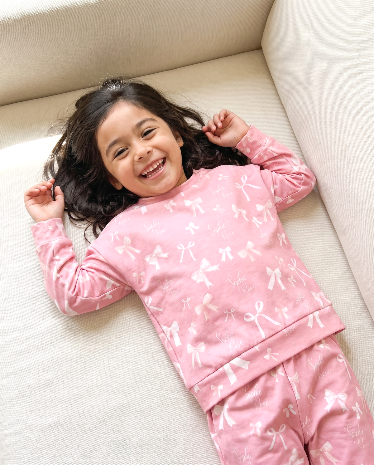 Personalized Two Piece Pajama Set in Pink Coquette Bow
