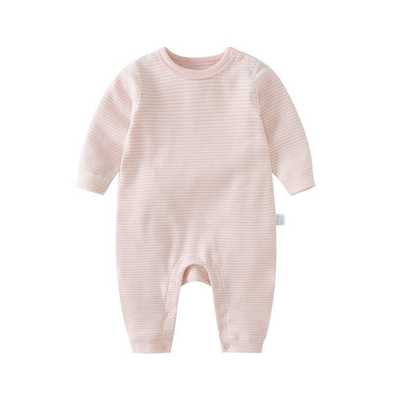 Embroidered Full-length Striped Snap Romper in Pink