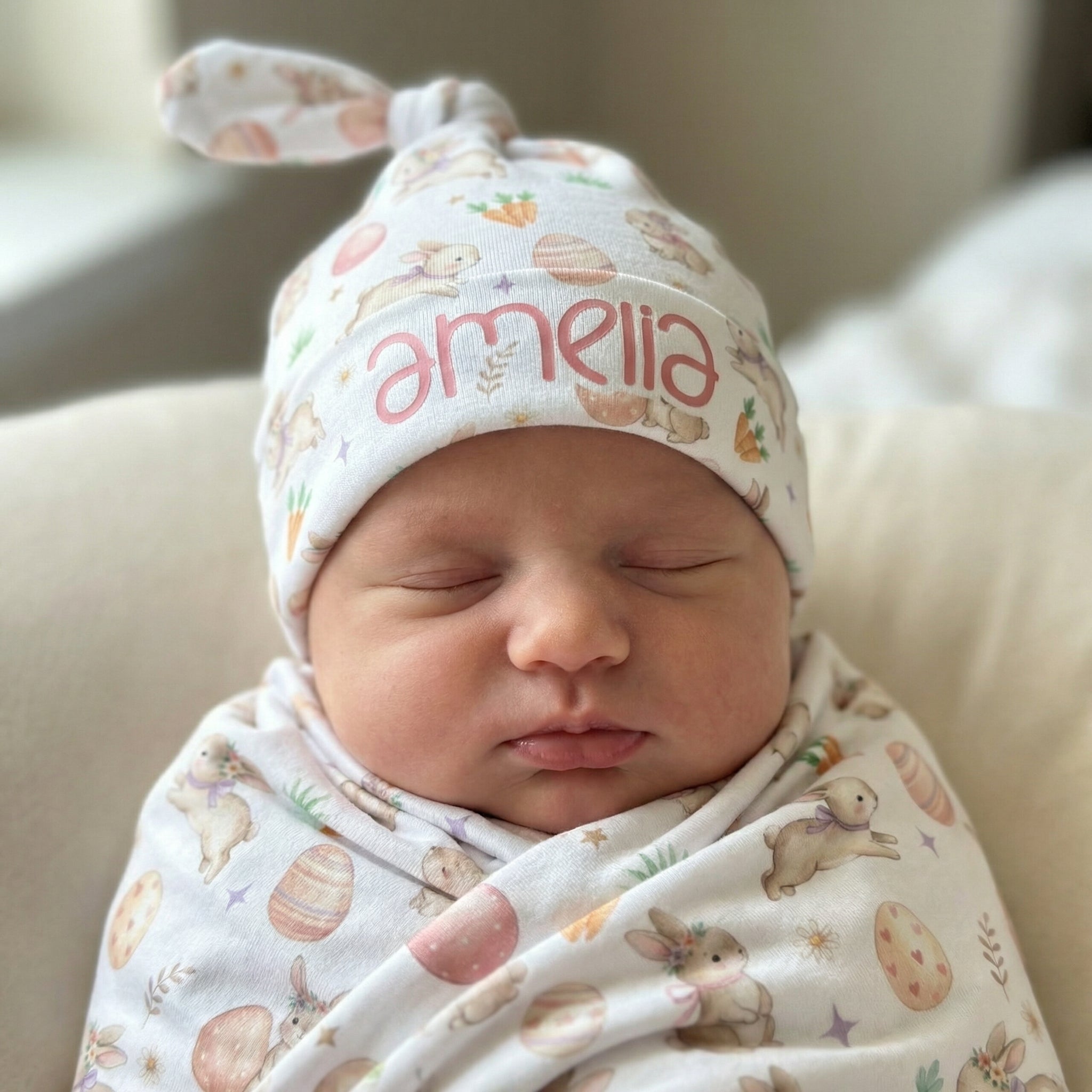 Personalized Knotted Hat in Pink Easter Eggs