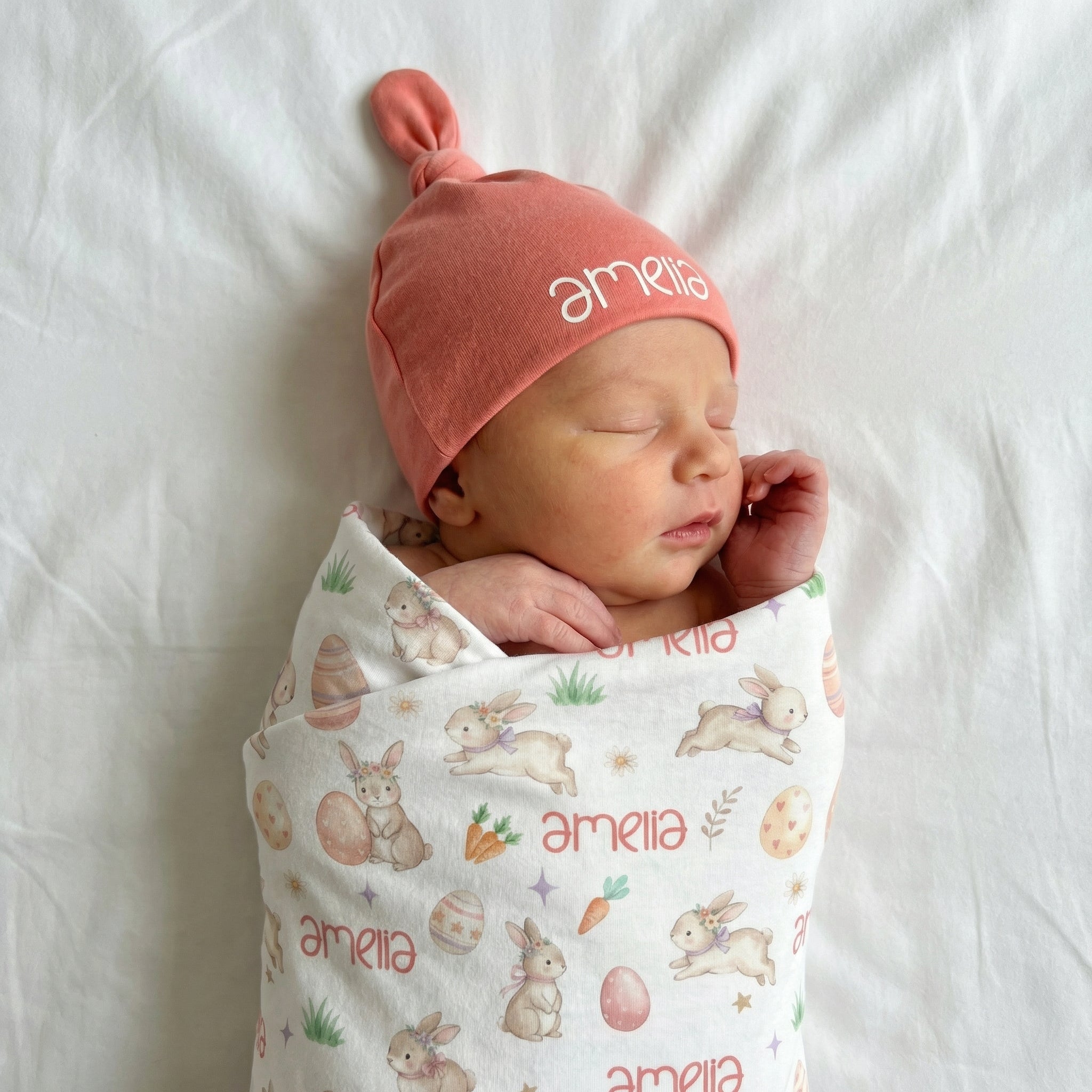 Personalized Knotted Hat in Coral Pink