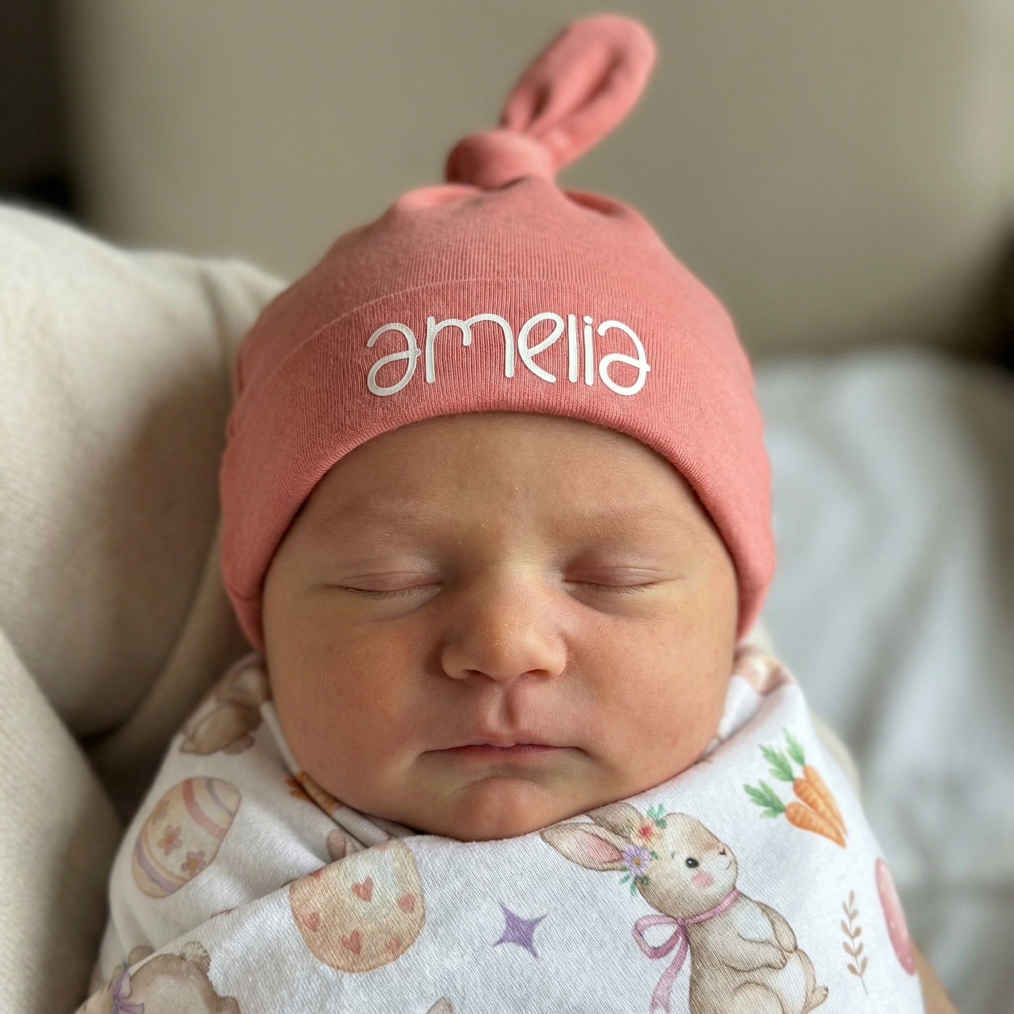Personalized Knotted Hat in Coral Pink