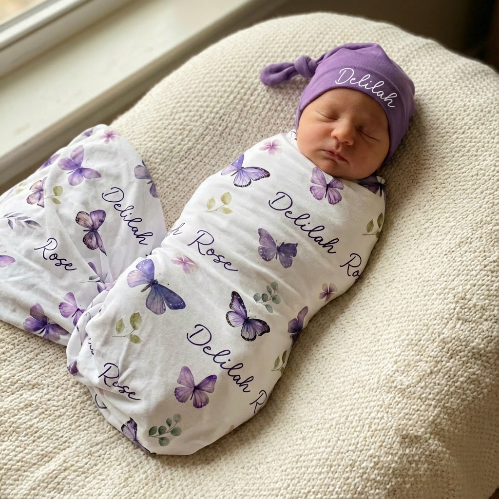 Personalized Swaddle in Purple Butterfly