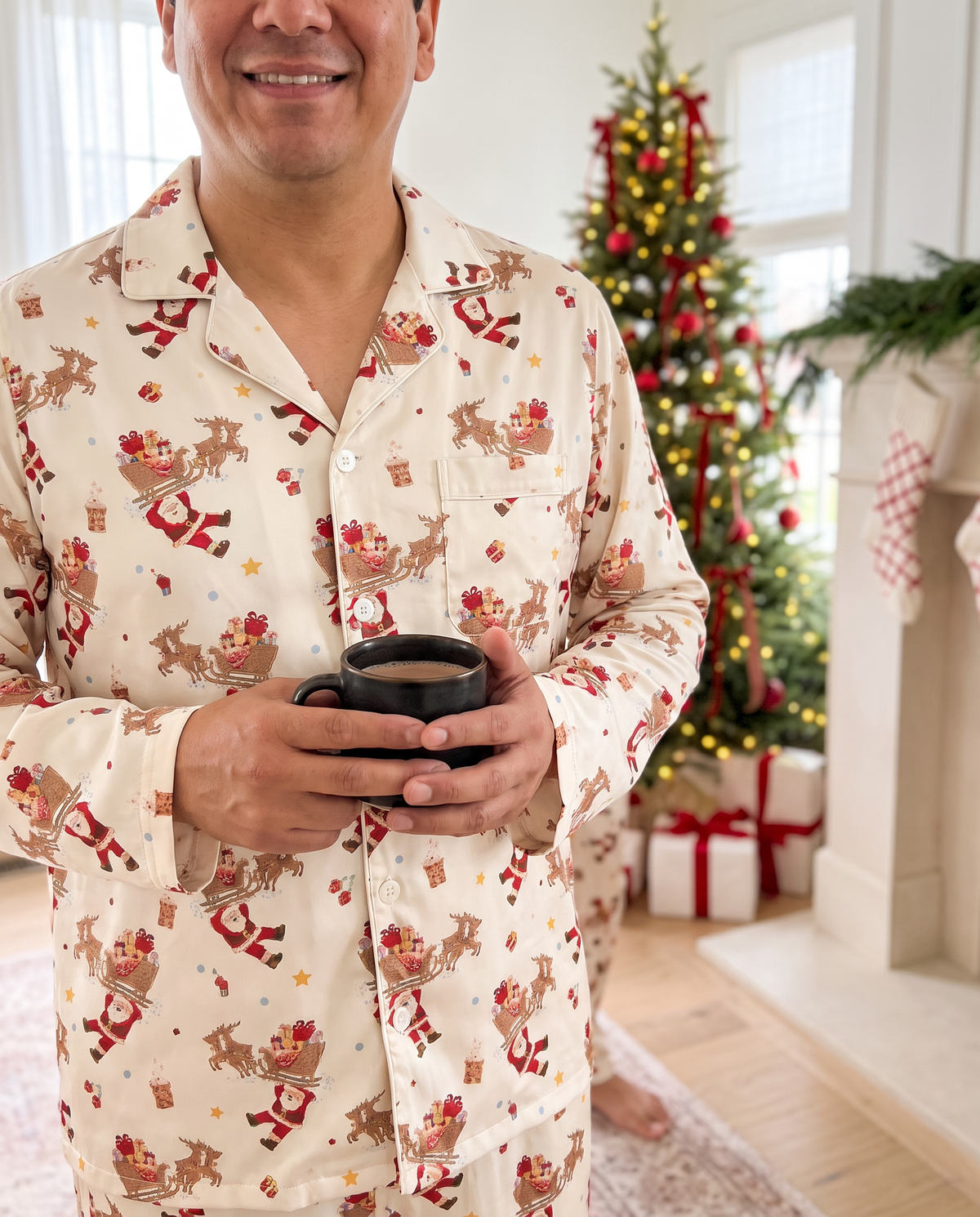 Close view of the men's Santa's Joyride pajama shirt holding a mug