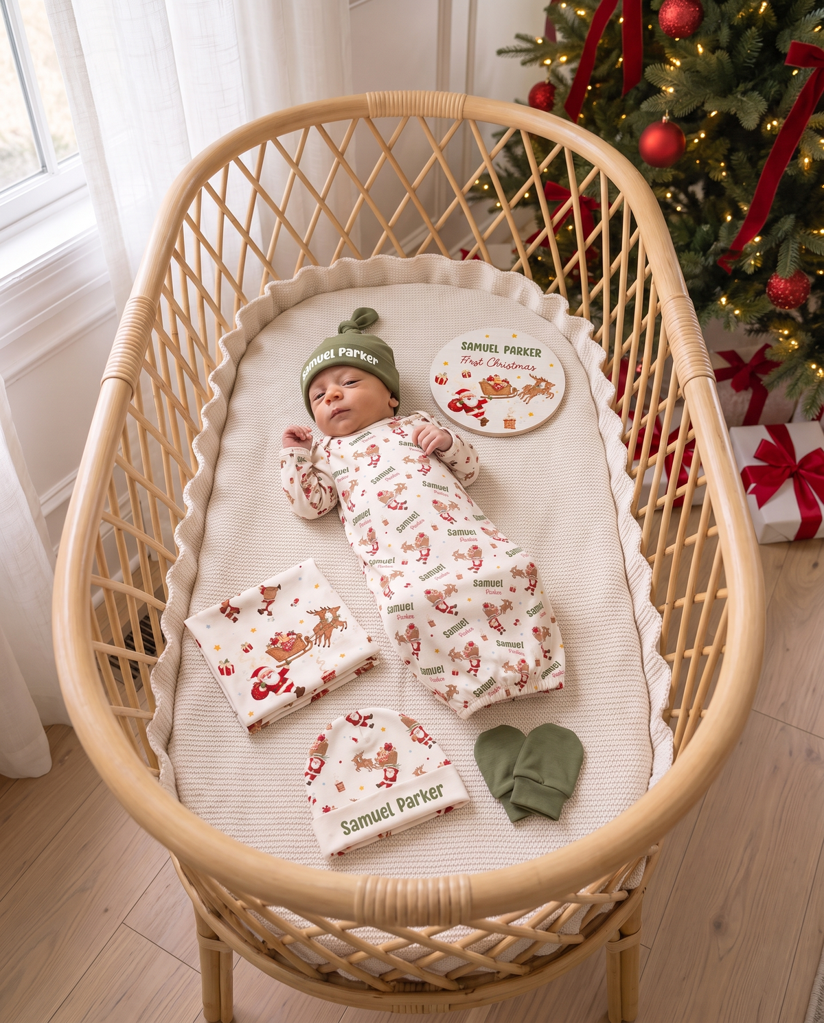 Santa's Joyride ultimate gift set laid out in a rattan bassinet with baby, name sign and accessories